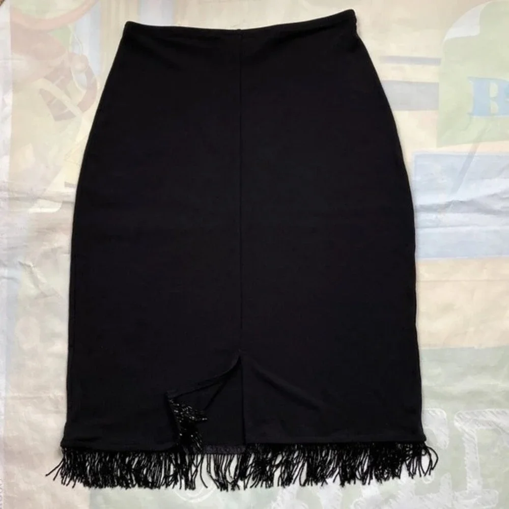 CL Carole Little black Women  skirt with bugle bead fringes Sz  Medium E…